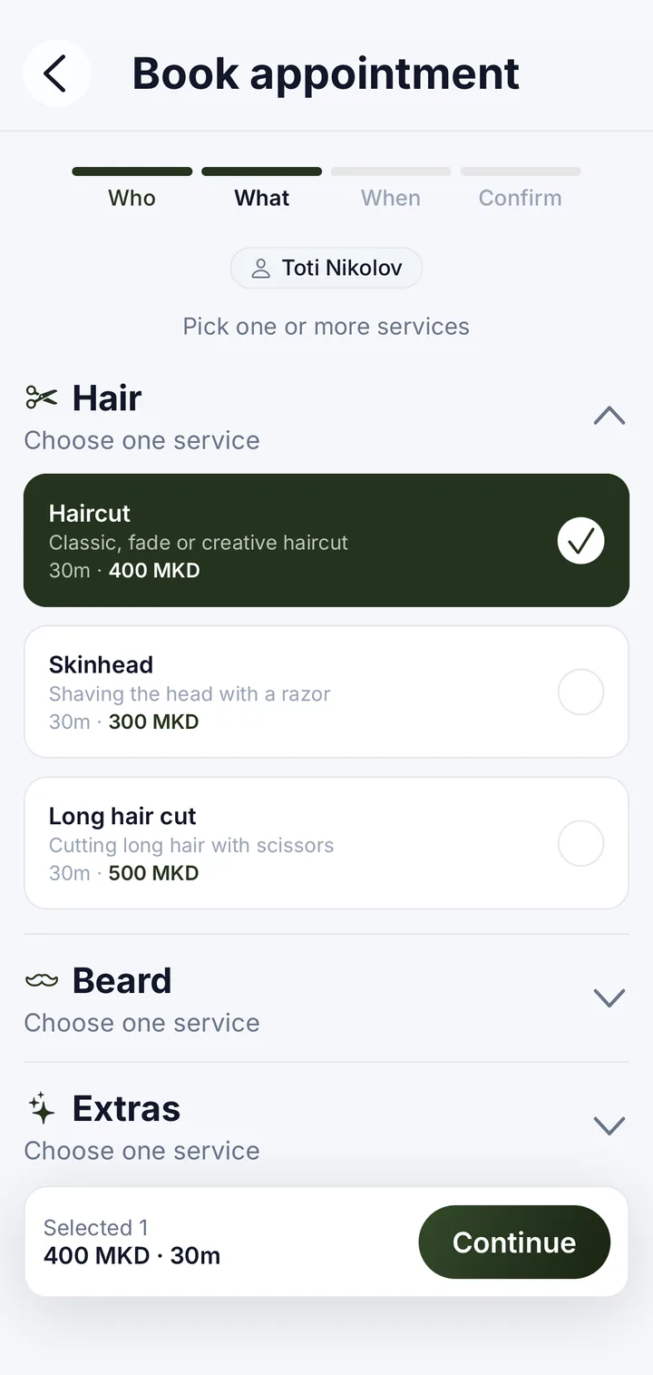Choosing services while booking