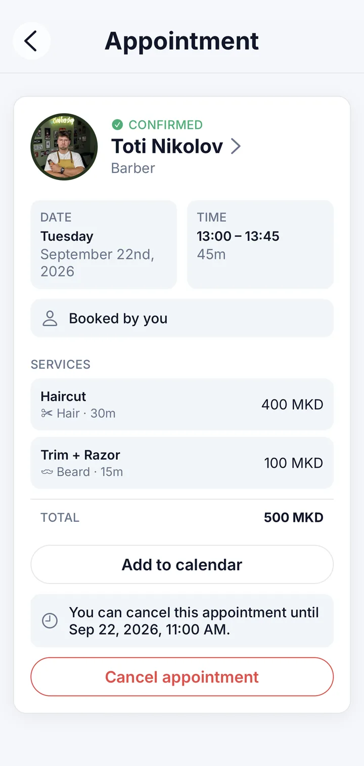 An appointment's details in the app